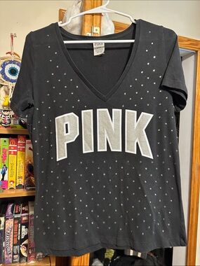 PINK Victoria's Secret Black V-Neck Tee with Silver Logo and Studs
